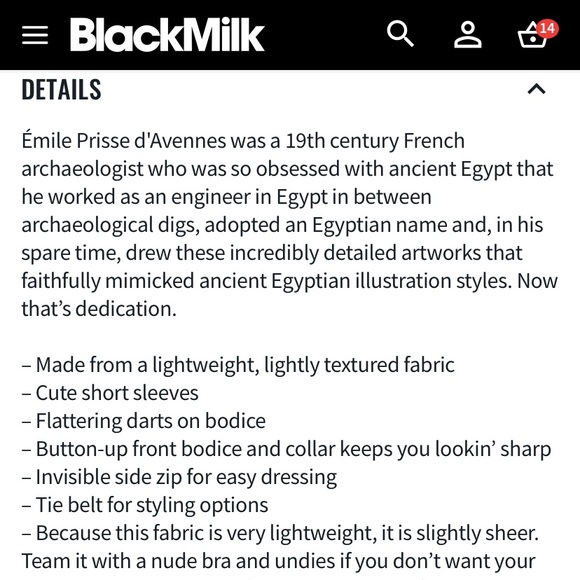 Blackmilk “HISTORY OF EGYPTIAN ART SHIRT DRESS - LIMITED” Size 10 US/14AUST NWT - Picture 11 of 13